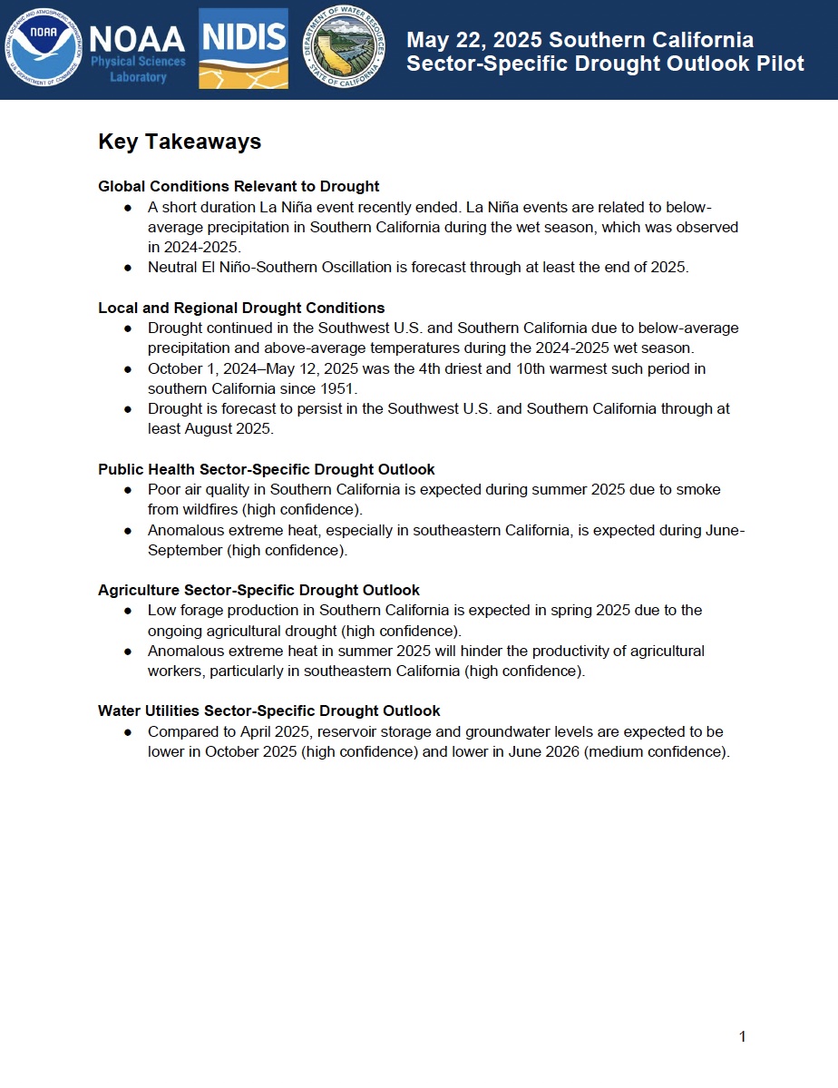 First page of the written Outlook document for Southern California, as part of the Modernizing Drought Early Warning – Southern California Pilot.