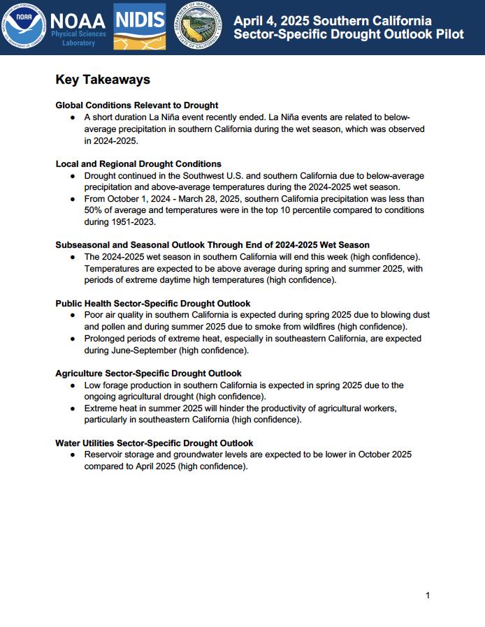 First page of the written Outlook document for Southern California, as part of the Modernizing Drought Early Warning – Southern California Pilot.